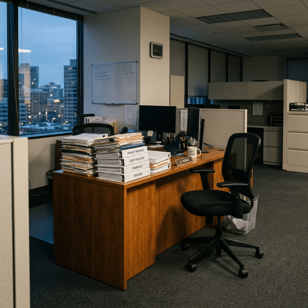 Office desk with multiple labeled stacks of documents, computer monitors, and office chair near window showing cityscape