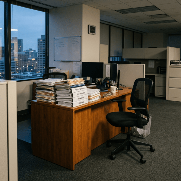 Office desk with multiple labeled stacks of documents, computer monitors, and office chair near window showing cityscape