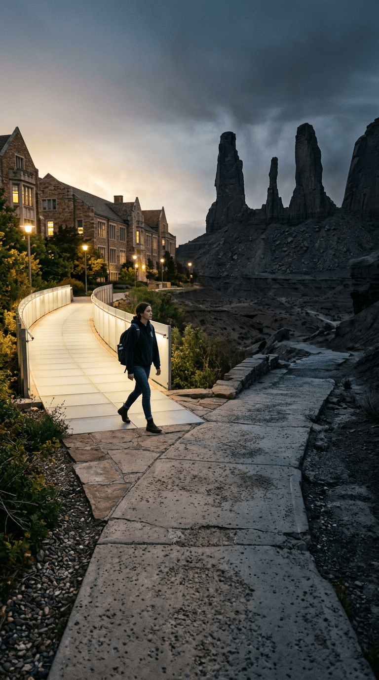Student walking on illuminated bridge beside towering sandstone rock formations