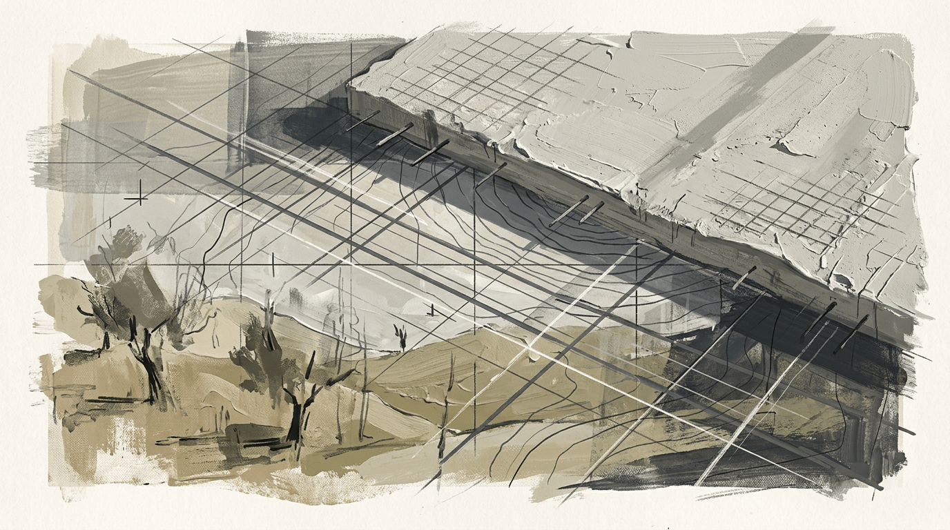 Abstract architectural landscape sketch with grids, terrain, and structural lines