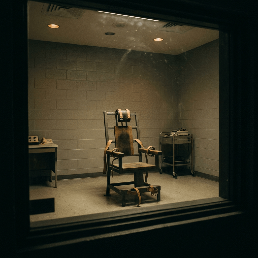 An empty electric chair in a dimly lit room, viewed through a glass window. The chair has leather straps and is positioned in front of a small table with equipment.