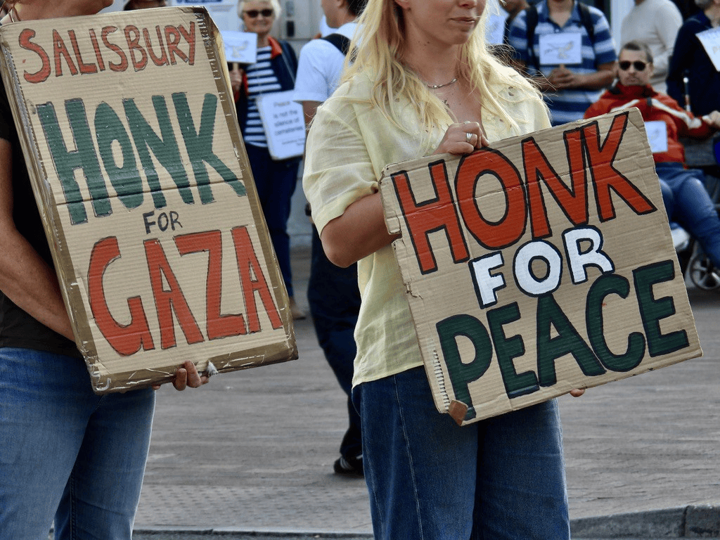 Two individuals holding protest signs. One sign reads 'Honk for Gaza' and the other says 'Honk for Peace.'