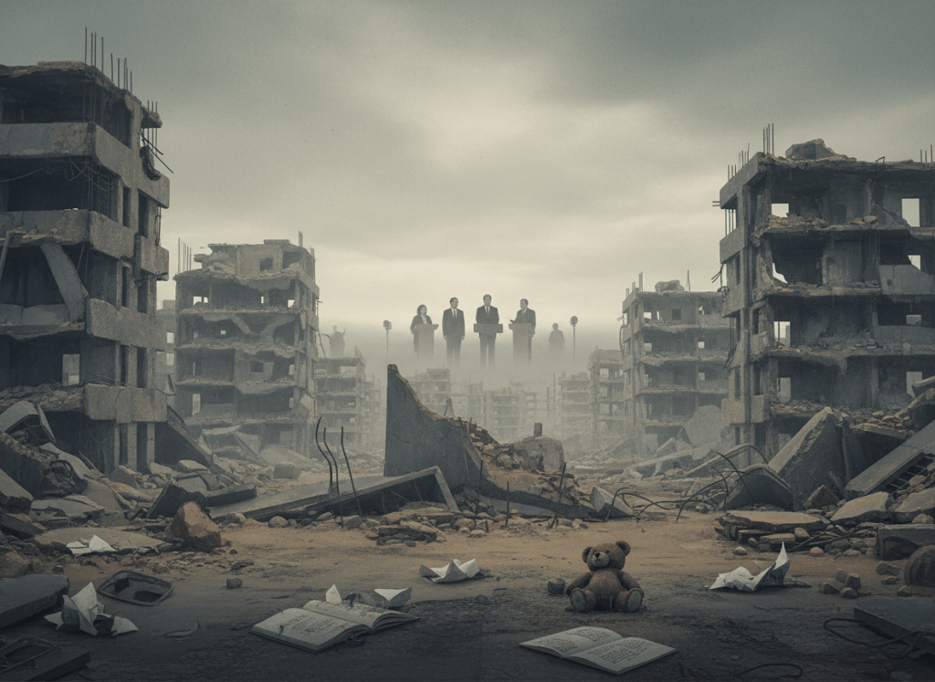 A desolate urban landscape featuring crumbling buildings and rubble, with five silhouetted figures standing in the background. In the foreground, a teddy bear sits alongside scattered papers and a book.