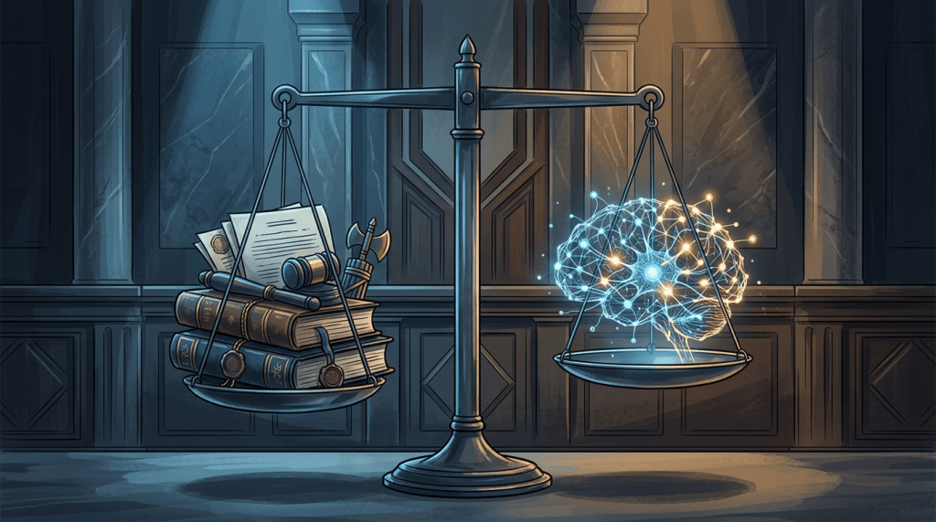 An illustration of a balance scale with books and documents on one side and a glowing, networked brain on the other, symbolizing the balance between knowledge and intellect.