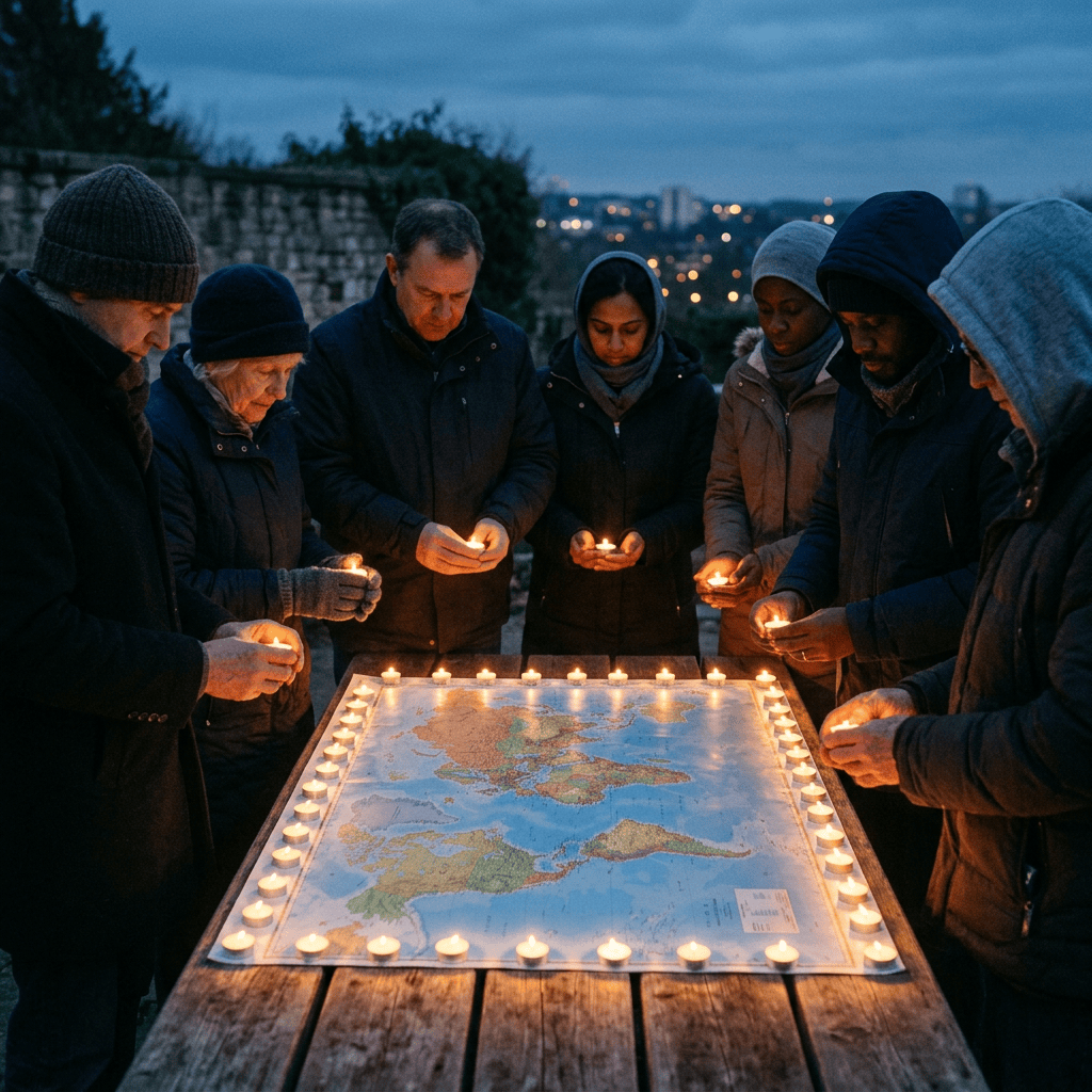 A group of eight people gathered around a table illuminated by candles, studying a large map. The scene takes place outdoors during dusk, with a city skyline visible in the background.